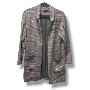 Love Tree Women's S Houndstooth Black White Open Front Long Jacket Coat